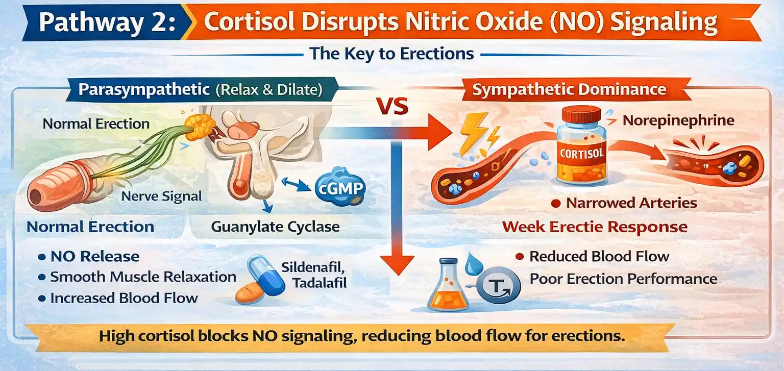 Pathway 2: Cortisol Disrupts Nitric Oxide (NO) Signaling - The Key to Erections