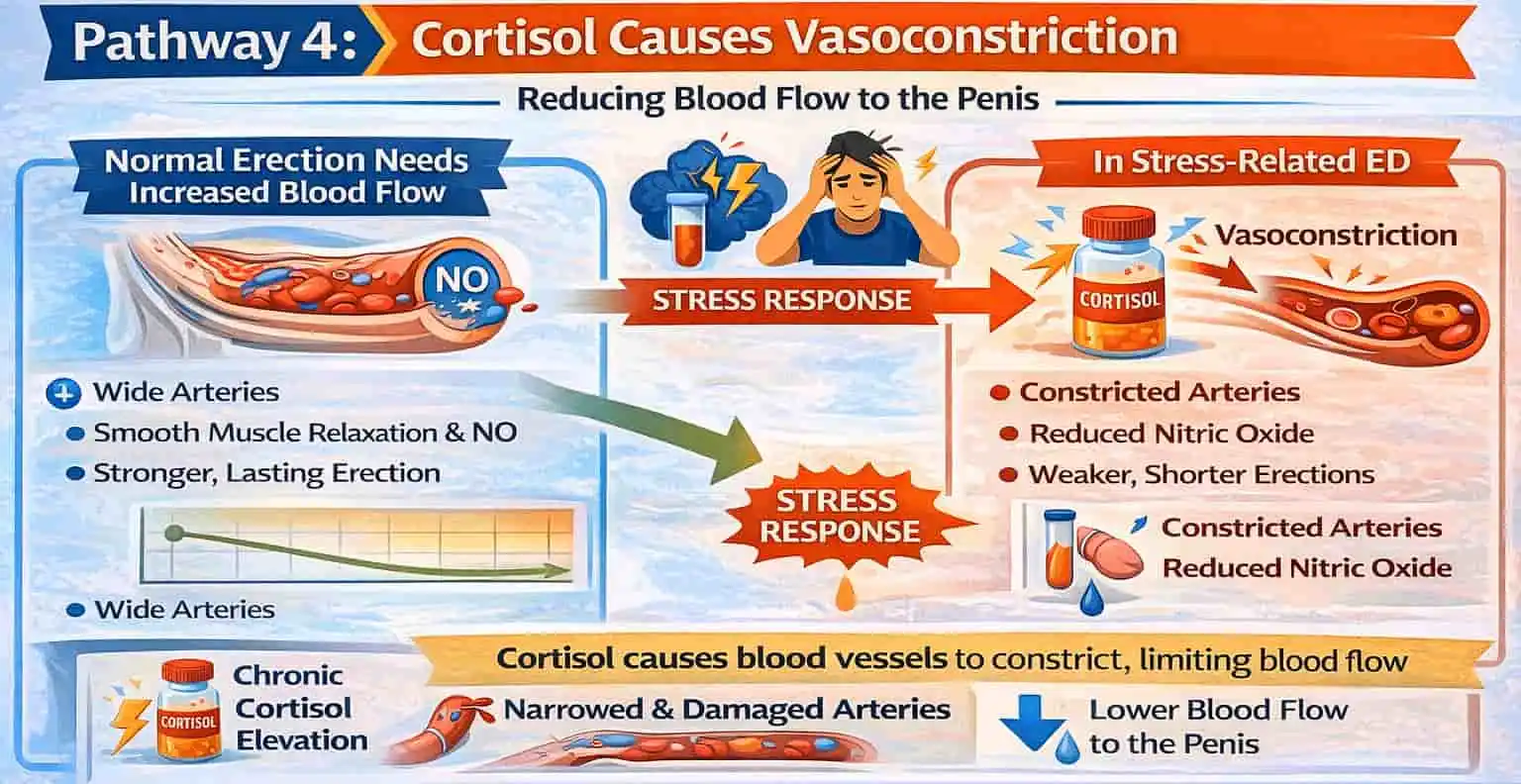 pathway 4 cortisol causes vasoconstriction - reducing blood flow to the penis